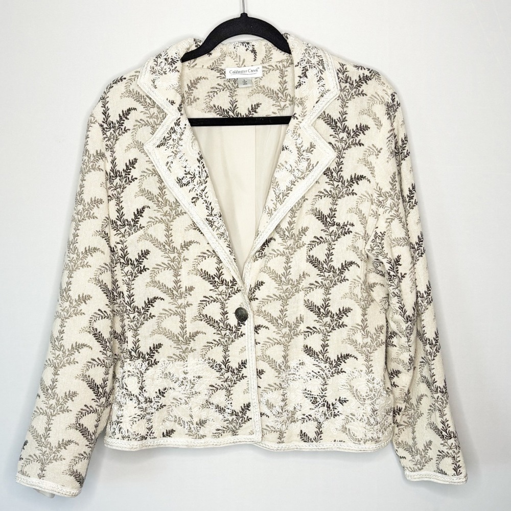 Coldwater Creek Womens L Blazer Jacket Cotton Botanical Fern Cotton Cottagecore